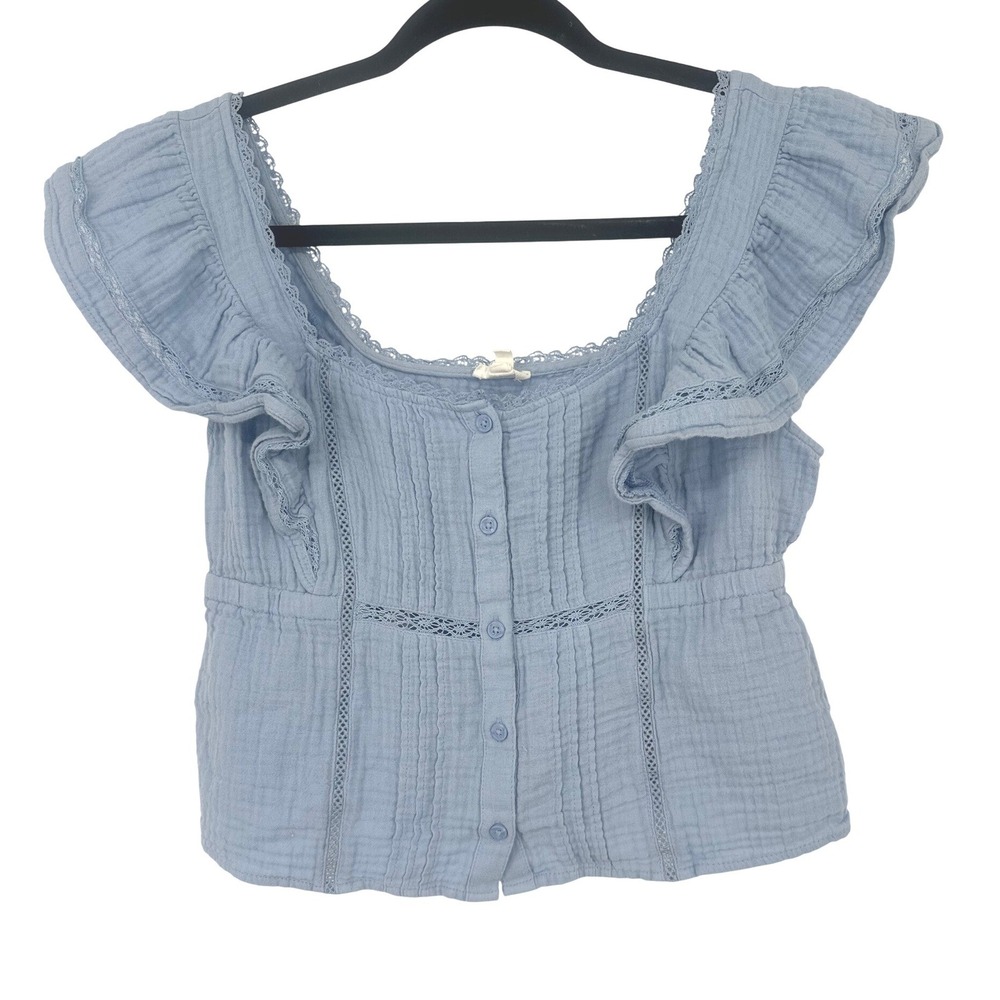 Aerie Button Front Top Women M Blue Ruffle Gauze Lace Trim Peplum Boho Beachy